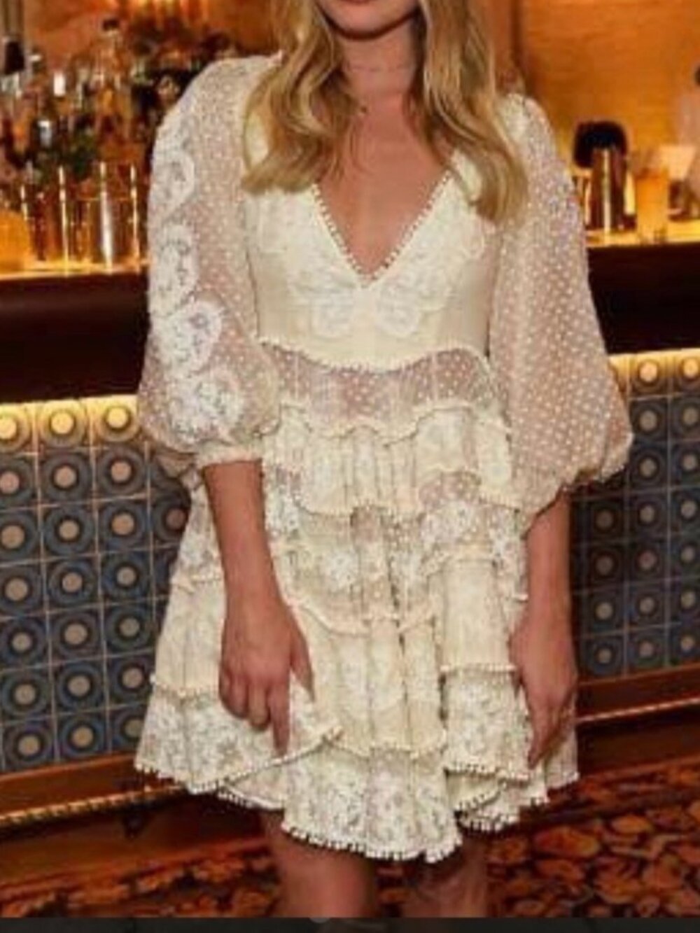 Zimmermann Cream Lace Tiered Mini Dress with Puff Sleeves - Picture 3 of 3
